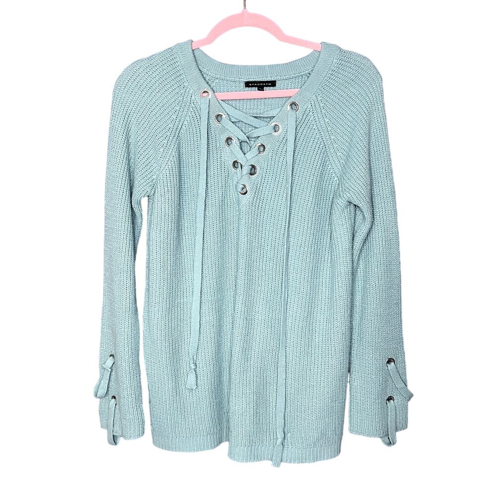 Staccato Sz Large Light Blue Knit Pullover Sweater Tie ups Cottagecore Feminine